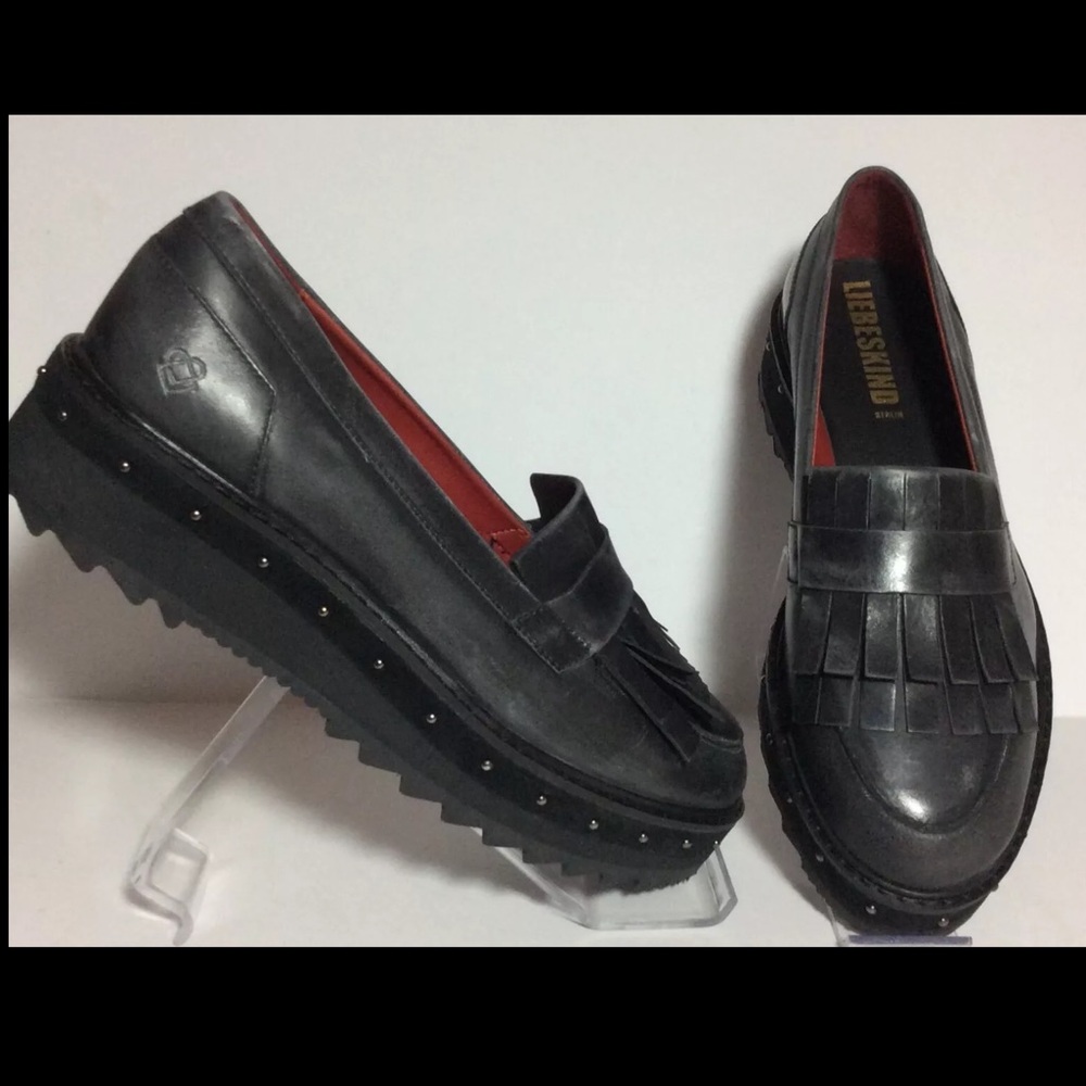 NWOB Liebeskind Berlin $358 Ladies Gray Leather Creeper Kiltie Loafer Sz 37 US